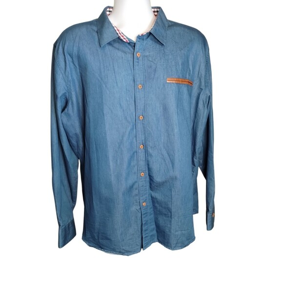 Coofandy Men's Button-up Shirt Size XL  Chambray Blue Check Contrast Cuff - Picture 2 of 10